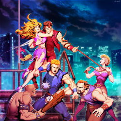 Rule 34 | 2girls, 4boys, aircraft, album cover, arc system works, battle, beard, billy lee, breasts, character request, commentary, cover, double dragon, double dragon ii (the revenge), dragon, duel, english commentary, facial hair, flying, genzoman, helicopter, highres, jimmy lee, kunio-kun series, large breasts, linda (double dragon), manly, marian kelly, medium breasts, mohawk, multiple boys, multiple girls, muscular, night, official art, punk, rooftop, siblings, spikes, torn clothes, twins, vest, whip, wristband