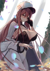 Rule 34 | 1girl, absurdres, azur lane, blush, breasts, cleavage, closed mouth, coat, coat dress, dress, happy tears, highres, jewelry, large breasts, long hair, looking down, one eye closed, petals, red hair, ring, simple background, smile, solo, sore watasino, standing, tears, volga (azur lane), wedding ring, white coat, white dress, white headwear, yellow eyes