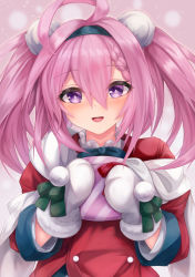 Rule 34 | 1girl, :d, absurdres, ahoge, azur lane, black hairband, bow, box, braid, commentary request, dress, fur-trimmed mittens, fur trim, gift, gift box, green bow, hair between eyes, hair intakes, hairband, hands up, highres, holding, holding gift, long hair, long sleeves, mittens, open mouth, pink hair, purple eyes, red dress, ryara, santa costume, saratoga (azur lane), saratoga (silent night songstress) (azur lane), smile, solo, twintails, upper body, white mittens