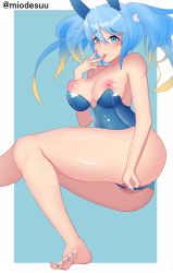Rule 34 | 1girl, animal ears, barefoot, blue eyes, blue hair, breasts, breasts out, fake animal ears, feet, finger to mouth, gradient hair, hair ornament, highres, large breasts, league of legends, leotard, leotard pull, miodesuu, multicolored hair, nail polish, nipples, partially visible vulva, playboy bunny, rabbit ears, solo, sona (league of legends), toenail polish, toenails, twintails