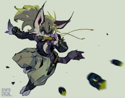 Rule 34 | 1other, androgynous, animal ears, armor, artist name, black shirt, body fur, cat ears, cat tail, commentary, dynamic pose, from side, full body, furry, green background, green hair, green pants, highres, japanese armor, kote, long hair, looking afar, motion blur, mouth hold, murayama ryota, original, outstretched arm, pants, purple eyes, purple fur, shirt, simple background, solo, stirrup legwear, tail, toeless legwear, v-shaped eyebrows, vambraces