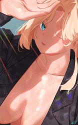 Rule 34 | 1girl, black jacket, blonde hair, blue eyes, breasts, collarbone, fingernails, hand up, highres, jacket, large breasts, light rays, long hair, looking at viewer, miami-chan (ryusei hashida), naked jacket, no bra, one eye closed, open clothes, open shirt, original, parted lips, ryusei hashida, signature, solo, upper body, wet
