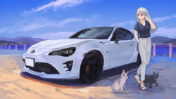 Rule 34 | 1girl, blue sky, car, cat, closed mouth, cloud, commentary request, day, grey hair, highres, license plate, long hair, momo hiki, motor vehicle, original, outdoors, personification, sky, smile, solo, sports car, toyota, toyota 86, vehicle focus, vehicle request
