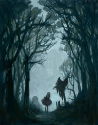Rule 34 | 1girl, bare tree, blunt bangs, child, dress, fog, forest, hairband, hatoya hato, long hair, mansion, nature, original, path, rain, road, scarecrow, solo, tombstone, tree