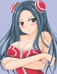 Rule 34 | 1girl, absurdres, bare shoulders, black hair, blue background, blush, breast hold, breasts, brown eyes, bun cover, cleavage, collarbone, crossed arms, frown, hair ornament, highres, irelia, large breasts, league of legends, pao mian+dan, simple background, solo, strapless