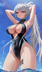 Rule 34 | 1girl, absurdres, armpits, arms behind head, arms up, black one-piece swimsuit, blue hair, breasts, chrysa ( sa0ru), cleavage, cleavage cutout, closed mouth, clothing cutout, covered navel, cowboy shot, ephnel, hair between eyes, highleg, highleg swimsuit, highres, large breasts, leg tattoo, long hair, looking at viewer, multicolored hair, one-piece swimsuit, ponytail, power symbol, purple eyes, revision, solo, soulworker, standing, streaked hair, swimsuit, tattoo, very long hair, wading, water, wet, wet clothes, wet swimsuit, white hair