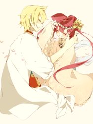 Rule 34 | 1boy, 1girl, ali baba saluja, blonde hair, blush, earrings, hair ornament, jewelry, long hair, magi the labyrinth of magic, napa (jhsst), open mouth, red hair, ren kougyoku, simple background, smile