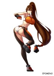 Rule 34 | 00s, 1girl, artist name, ass, bare shoulders, breasts, brown eyes, brown hair, chaps, dnf, dungeon &amp; fighter, dungeon and fighter, epomeno, fighter (dungeon and fighter), fingerless gloves, from behind, gloves, large breasts, long hair, looking back, panties, ponytail, shiny skin, shoes, smile, solo, underwear, very long hair