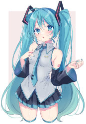 Rule 34 | 1girl, aqua eyes, aqua hair, bare shoulders, black skirt, blue necktie, collared shirt, cowboy shot, detached sleeves, hatsune miku, highres, long hair, looking at viewer, necktie, number tattoo, open mouth, paya (alunair), pleated skirt, shirt, simple background, skirt, solo, standing, tattoo, twintails, very long hair, vocaloid, white background, white shirt