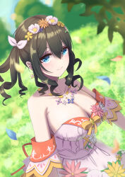 Rule 34 | 1girl, absurdres, bare shoulders, black hair, blue eyes, bow, breasts, cleavage, collarbone, detached sleeves, dress, flower, hair between eyes, hair ribbon, head wreath, highres, idolmaster, idolmaster cinderella girls, idolmaster cinderella girls starlight stage, jewelry, large breasts, looking at viewer, nanaba (7leaves), necklace, pink dress, ribbon, sagisawa fumika, smile, solo, twintails, yellow bow