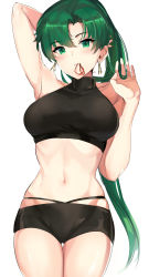 Rule 34 | 1girl, absurdres, alternate costume, arm behind head, arm up, armpits, bare arms, bare shoulders, bike shorts, black shorts, blush, breasts, closed mouth, cowboy shot, earrings, fire emblem, fire emblem: the blazing blade, fire emblem heroes, green eyes, green hair, hair tie, twirling hair, head tilt, high ponytail, highres, jewelry, large breasts, long hair, looking at viewer, lyn (fire emblem), navel, nintendo, ormille, parted bangs, ponytail, shorts, simple background, smile, solo, sports bra, stomach, thigh gap, white background