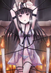 Rule 34 | 1girl, arm strap, arms up, babydoll, bdsm, black hair, bondage, bound, breath, candle, chain, chained, collar, collarbone, cross, long hair, looking at viewer, navel, open mouth, original, panties, red eyes, see-through, shichouson, slave, solo, tears, underwear