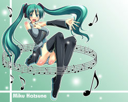 Rule 34 | 1girl, aqua eyes, aqua hair, breasts, covered erect nipples, detached sleeves, hatsune miku, large breasts, long hair, long legs, music, musical note, panties, singing, solo, staff (music), striped clothes, striped panties, tel, thighhighs, twintails, underwear, very long hair, vocaloid, wallpaper