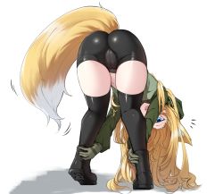 Rule 34 | 1girl, animal ears, ass, bent over, bike shorts, black footwear, black thighhighs, blonde hair, blue eyes, boots, cameltoe, fox ears, fox girl, fox tail, from behind, full body, gloves, green gloves, green jacket, highres, jacket, k0ng, long hair, looking at viewer, looking back, open mouth, original, simple background, solo, standing, tail, thighhighs, white background