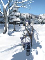 Rule 34 | 1girl, asirpa, bare tree, blue eyes, blue sky, blush, bow, bow (weapon), clothing request, commentary request, day, earrings, full body, golden kamuy, hand up, holding, holding bow (weapon), holding weapon, hoop earrings, jacket, jewelry, long sleeves, looking at viewer, outdoors, sky, snow, solo, tree, walking, weapon, white footwear, white jacket, winter clothes, yorha 2b2e