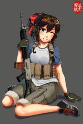 Rule 34 | 1girl, aqua eyes, assault rifle, bayonet, bow, brown hair, commentary, gloves, gun, hair bow, headset, highres, holding, holding gun, holding weapon, load bearing equipment, ndtwofives, one eye closed, original, ponytail, rifle, shirt, safety glasses, shorts, sig sg550, sig sg550, simple background, sitting, smile, solo, t-shirt, wariza, weapon