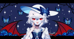Rule 34 | 1girl, :d, black choker, blood, blood on hands, blue bow, bow, bug, butterfly, choker, commentary request, demon wings, dress, fangs, hair between eyes, hand up, hat, hat bow, highres, horns, insect, letterboxed, looking at viewer, open mouth, original, outside border, red eyes, sailor collar, sheya, short hair, smile, solo, sparkle, straight-on, upper body, white dress, white hair, white hat, white sailor collar, wings