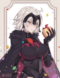 Rule 34 | 1girl, ahoge, armor, bad id, bad pixiv id, box, breasts, cape, chain, closed mouth, confetti, fate/grand order, fate (series), faulds, gauntlets, gift, gift box, hair between eyes, headpiece, highres, jeanne d&#039;arc (fate), jeanne d&#039;arc alter (avenger) (fate), jeanne d&#039;arc alter (avenger) (first ascension) (fate), jeanne d&#039;arc alter (fate), large breasts, short hair, silver hair, solo, upper body, yayata (884), yellow eyes