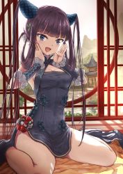 Rule 34 | 1girl, architecture, artist request, backlighting, bare shoulders, black dress, blue eyes, blunt bangs, blush, breasts, china dress, chinese clothes, cleavage, detached sleeves, dress, east asian architecture, fate/grand order, fate (series), grey sky, hair ornament, hands on own cheeks, hands on own face, hands up, highres, leaf hair ornament, long hair, looking at viewer, medium breasts, mountain, open mouth, purple hair, side slit, sidelocks, sitting, sky, smile, solo, thighs, twintails, very long hair, wariza, yang guifei (fate), yang guifei (second ascension) (fate)