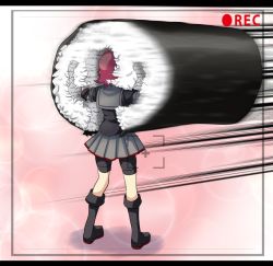 Rule 34 | 1girl, arms up, bike shorts, boots, commentary request, ehoumaki, food, from behind, full body, in the face, kantai collection, kinu (kancolle), kinu kai ni (kancolle), knee boots, letterboxed, makizushi, motion blur, pleated skirt, recording, red hair, rice, short hair, shorts, shorts under skirt, skirt, solo, standing, sushi, tk8d32, viewfinder