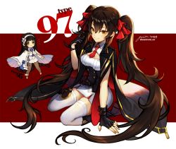 Rule 34 | 2girls, between breasts, black cape, black gloves, black hair, blue necktie, bow, breasts, cape, character name, chibi, dated, fingerless gloves, girls&#039; frontline, gloves, hair bow, hairband, long hair, multiple girls, necktie, red background, red bow, red necktie, signature, sitting, skirt, smile, thighhighs, twintails, twitter username, type 95 (girls&#039; frontline), type 97 (girls&#039; frontline), wariza, white cape, white gloves, white hairband, white legwear, white skirt, yellow eyes, yuri (anachronic)
