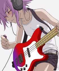 Rule 34 | bass guitar, belt, guitar, headphones, instrument, oekaki, purple hair, solo, tank top