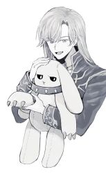Rule 34 | 1boy, coat, collar, commentary, cropped torso, greyscale, holding, holding stuffed toy, long hair, long sleeves, looking at viewer, male focus, monochrome, open mouth, parted bangs, priest (ragnarok online), ragnarok online, ruche ro, simple background, smile, spiked collar, spikes, stuffed animal, stuffed rabbit, stuffed toy, symbol-only commentary, upper body