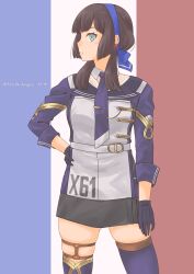 1girl absurdres black_gloves black_skirt blue_eyes blue_hairband blue_ribbon brown_hair closed_mouth commentary flag_background freckles french_flag gloves hair_ribbon hairband hand_on_own_hip highres jacket kantai_collection mogador_(kancolle) necktie pot-de ribbon simple_background skindentation skirt solo thigh_strap thighhighs twitter_username