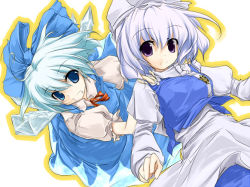 Rule 34 | 2girls, apron, black hair, blue bow, blue dress, blue eyes, bow, breasts, cirno, dress, female focus, hair bow, hands on another&#039;s shoulders, hat, ice, ice wings, juliet sleeves, letty whiterock, light purple hair, long sleeves, medium breasts, multiple girls, puffy short sleeves, puffy sleeves, purple eyes, sanoharu, short hair, short sleeves, touhou, wings