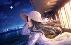 Rule 34 | 1girl, artist request, black hair, boat, brown eyes, cloud, cloudy sky, dress, hat, horizon, idolmaster, idolmaster cinderella girls, idolmaster cinderella girls starlight stage, long hair, looking to the side, moon, night, night sky, ocean, official art, outdoors, sena shiori (idolmaster), ship, sky, solo, straw hat, water, watercraft