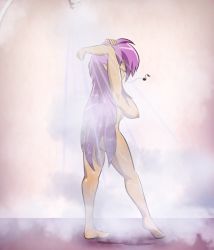 Rule 34 | 1girl, ass, barefoot, breasts, closed eyes, nipples, nude, purple hair, pussy, shantae, shantae (series), shower, smile, solo, steam, wet, zedrin