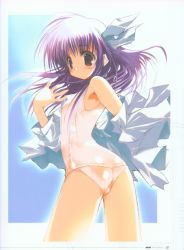 Rule 34 | 00s, 1boy, absurdres, ass, brown eyes, crossdressing, h2o footprints in the sand, highres, jacket, long hair, male focus, no pants, one-piece swimsuit, open clothes, open jacket, purple hair, ribbon, sca-ji, school swimsuit, solo, swimsuit, swimsuit under clothes, trap, white school swimsuit, white one-piece swimsuit, yakumo hamaji