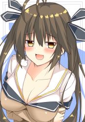 Rule 34 | 1girl, ahoge, arms under breasts, blush, breasts, brown hair, cleavage, dot nose, girls&#039; frontline, m14 (girls&#039; frontline), raion (inoueraion), school uniform, simple background, solo, tagme, yellow eyes