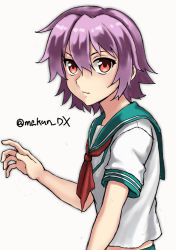 Rule 34 | 1girl, green sailor collar, kantai collection, looking at viewer, maakun (makun dx), neckerchief, one-hour drawing challenge, pink hair, red eyes, red neckerchief, sailor collar, school uniform, serafuku, short hair, short sleeves, simple background, solo, tama (kancolle), twitter username, upper body, white background