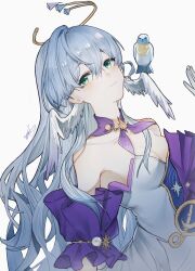 Rule 34 | 1girl, absurdres, bare shoulders, bird, closed mouth, commentary request, detached sleeves, dress, gloves, green eyes, grey hair, halo, hand up, head wings, highres, honkai: star rail, honkai (series), long hair, looking at viewer, neckerchief, purple neckerchief, purple sleeves, robin (honkai: star rail), simple background, smile, solo, strapless, strapless dress, upper body, very long hair, white background, white dress, white gloves, wings, yisjhui