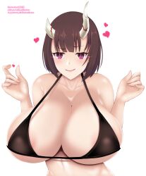 1girl areola_slip artist_name bikini black_bikini bob_cut breasts broken_horn brown_hair collarbone demon_girl demon_horns eriko_(princess_connect!) excited eyebrows eyelashes female_focus glowing glowing_eyes hands_up heart horns huge_breasts incro300 light_blush looking_at_viewer medium_hair open_mouth princess_connect! purple_eyes simple_background smile solo swimsuit upper_body variant_set w_arms white_background yandere