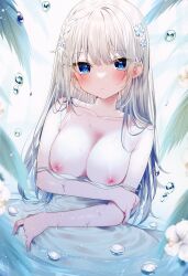 Rule 34 | 1girl, absurdres, aqua eyes, arm under breasts, bare arms, bare shoulders, blue eyes, blush, braid, breast hold, breasts, closed mouth, collarbone, day, dress, earrings, eyelashes, flower, hair between eyes, hair intakes, hair ornament, head tilt, highres, jewelry, large breasts, leaf, long hair, looking at viewer, mafuyu (chibi21), nipples, original, outdoors, partially submerged, petals, plant, setsuna (mafuyu), side braid, sidelocks, sleeveless, sleeveless dress, solo, spaghetti strap, stud earrings, upper body, very long hair, water, water drop, wet, white dress, white flower, white hair