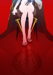 Rule 34 | 10s, 1boy, 1girl, alternate color, bad id, bad pixiv id, barefoot, black gloves, boots, cape, chair, fcsz3d1a, feet, female saniwa (touken ranbu), gloves, highres, holding, military, military uniform, nude, out of frame, partially fingerless gloves, red background, sandals, saniwa (touken ranbu), sitting, sitting on lap, sitting on person, spread toes, toes, touken ranbu, tsurumaru kuninaga, uniform