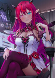 Rule 34 | 1girl, absurdres, armpits, blue eyes, breasts, cleavage, detached collar, detached sleeves, dress, earrings, flower, halo, heterochromia, highres, holding, holding microphone, hololive, hololive english, horns, irys (hololive), irys (irys 2.0) (hololive), jewelry, large breasts, long hair, medium breasts, microphone, microphone stand, multicolored hair, pink nails, pointy ears, purple hair, red eyes, red flower, red hair, smile, solo, thighhighs, thighs, tippii (a27371024), virtual youtuber, wings