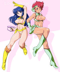 Rule 34 | 2girls, arm up, armpits, bandana, bar censor, blue eyes, blue hair, bottomless, breasts, breasts out, brown eyes, censored, cleft of venus, dark skin, dirty pair, earrings, gloves, green footwear, green gloves, grin, gun, highres, holding, holding gun, holding weapon, holster, jewelry, kei (dirty pair), large breasts, legs, long hair, looking at viewer, multiple girls, navel, nipples, no panties, ohtado, pussy, red hair, short hair, signature, simple background, single glove, smile, teeth, thigh holster, weapon, yellow gloves, yuri (dirty pair)