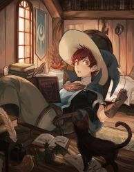 Rule 34 | bed, bedroom, black cat, cat, child, fire emblem, fire emblem awakening, hat, highres, indoors, katy ho, looking at viewer, lying, male focus, nintendo, red hair, ricken (fire emblem), solo, window, witch hat