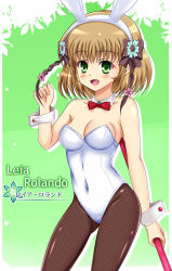 Rule 34 | 1girl, animal ears, artist request, blush, bow, breasts, brown hair, character name, cleavage, covered navel, cuffs, detached collar, fake animal ears, flower, green background, green eyes, hair bow, highres, leia rolando, leotard, looking at viewer, medium breasts, open mouth, pantyhose, playboy bunny, rabbit ears, shiguko, short hair, smile, staff, standing, tales of (series), tales of xillia, wrist cuffs