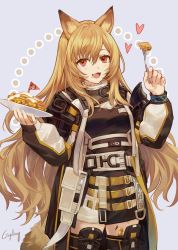 Rule 34 | 1girl, :d, animal ears, arknights, biscuit (bread), black dress, black thighhighs, ceobe (arknights), cowboy shot, csyday, dog ears, dog girl, dog tail, dress, fang, fork, holding, holding fork, jacket, long hair, long sleeves, looking at viewer, mini flag, multicolored clothes, multicolored jacket, multiple straps, open clothes, open jacket, open mouth, orange hair, plate, puffy sleeves, red eyes, smile, solo, tail, thighhighs, two-tone jacket, zettai ryouiki