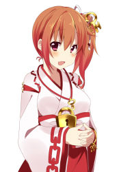 Rule 34 | 1girl, :d, brown hair, copyright request, fang, fujishiro emyu, japanese clothes, keyhole, miko, open mouth, own hands clasped, own hands together, red eyes, side ponytail, simple background, smile, solo, white background