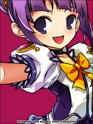 Rule 34 | 00s, 1girl, 2008, :d, aisha landar, bow, copyright name, elsword, high magician (elsword), no pupils, open mouth, pink background, purple eyes, purple hair, ress, ribbon, selfie, simple background, smile, solo, yellow bow