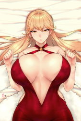 Rule 34 | 1girl, bare hips, bare shoulders, blonde hair, breasts, breasts apart, center opening, cocktail dress, collarbone, covered erect nipples, criss-cross halter, dress, earrings, girls&#039; frontline, hair between eyes, halter dress, halterneck, huge breasts, jewelry, long hair, looking at viewer, lying, no bra, official alternate costume, on back, open mouth, ots-14 (girls&#039; frontline), ots-14 (ruler of the banquet) (girls&#039; frontline), red dress, solo, very long hair, yellow eyes, zcune