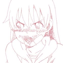 Rule 34 | 1girl, aliasing, blush, collarbone, cum, cum in mouth, empty eyes, facial, hood, hoodie, lineart, long hair, looking to the side, lowres, maka albarn, nose blush, open mouth, portrait, shy, soul eater, sp&ouml;p, tagme, tongue, tongue out, traced, v-shaped eyebrows
