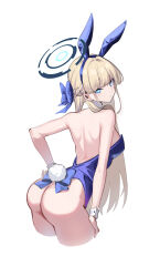 Rule 34 | 1girl, absurdres, animal ears, ass, back, bare shoulders, blonde hair, blue archive, blue eyes, blue leotard, braid, breasts, detached collar, earpiece, fake animal ears, fake tail, french braid, hair ribbon, highleg, highleg leotard, highres, leotard, long hair, looking at viewer, looking back, medium breasts, official alternate costume, playboy bunny, rabbit ears, rabbit tail, ribbon, solo, spider apple, strapless, strapless leotard, tail, thighhighs, thighs, toki (blue archive), toki (bunny) (blue archive), very long hair, wrist cuffs