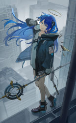 Rule 34 | 1girl, absurdres, arknights, bare legs, black footwear, black gloves, black jacket, black shorts, blue eyes, blue hair, boots, building, cellphone, city, colored shoe soles, commentary, cross-laced footwear, demon horns, detached wings, floating hair, full body, fur-trimmed hood, fur trim, gloves, hair between eyes, halo, hand up, highres, holding, holding phone, holding staff, hood, hood down, hooded jacket, horns, industrial pipe, jacket, long hair, long sleeves, looking at viewer, looking back, looking up, mostima (arknights), open clothes, open jacket, parted lips, phone, shikisimayu, shirt, shorts, skyscraper, smartphone, smile, solo, staff, white shirt, wings
