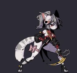 Rule 34 | 1girl, alternate costume, animal ear fluff, animal ears, animal feet, animal nose, animated, asymmetrical legwear, bell, black footwear, black gloves, black legwear, black sleeves, body fur, bow, breasts, cat ears, cat girl, cat tail, chain, closed mouth, dagger, darkest dungeon, derivative work, detached sleeves, dot mouth, dual wielding, fingerless gloves, fishnet legwear, fishnets, full body, furry, furry female, gloves, green eyes, grey background, grey hair, hands up, heterochromia, high ponytail, holding, holding dagger, holding knife, holding scythe, holding weapon, jester (darkest dungeon), jingle bell, knife, leotard, live2d, looping animation, mask, mask on head, medium hair, original, pink bow, ponytail, red eyes, red leotard, reverse grip, revision, scythe, shiny clothes, shoes, sidelocks, simple background, single leg pantyhose, single sock, slit pupils, small breasts, socks, sona (yuio58ok), strapless, strapless leotard, tail, thigh bow, thigh strap, uneven legwear, v-shaped eyebrows, video, weapon, whiskers, white fur, yuio58ok